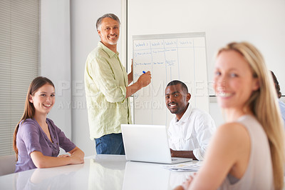 Buy stock photo Whiteboard presentation meeting, man portrait and business people listening to speaker, mentor or manager agenda plan. Collaboration, happy presenter and team planning company schedule, list or tasks