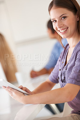 Buy stock photo Tablet, portrait and happy business woman in office, entrepreneur and employee in startup. Digital technology, smile and face of creative designer at desk, professional worker and person coworking