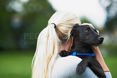Buy stock photo Woman, dog and animal love at outdoor park for together bonding, training on backyard grass. Female person, pet and hug puppy as owner for health exercise or relax in garden, care trust or friendship