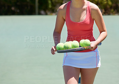 Buy stock photo Woman, tennis player and carrying balls on racket for outdoor game, match or competition on court. Closeup or hands of female person or athlete in sports with bat and equipment for training on mockup