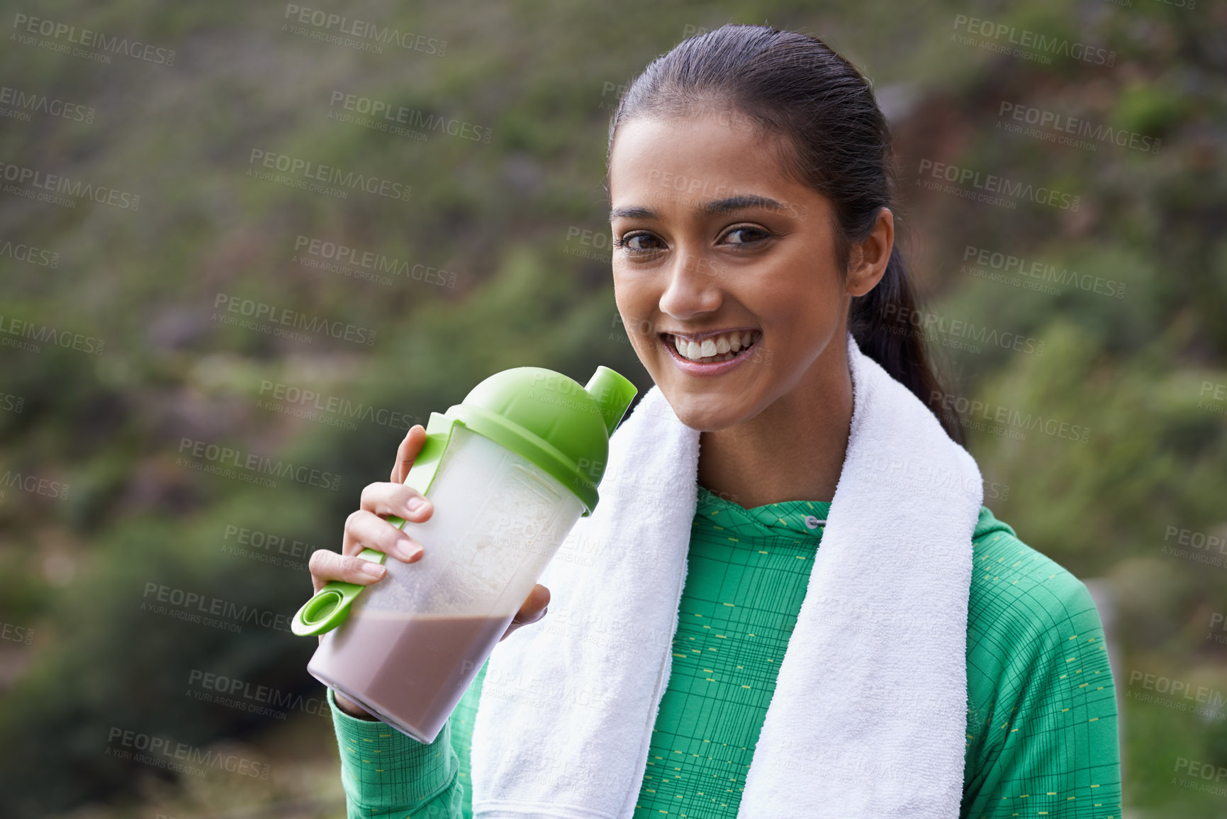 Buy stock photo Sports, drink and portrait of woman with protein shake in bottle for health, wellness and energy benefits for exercise. Outdoor, hiking or person with smoothie for nutrition in diet after workout