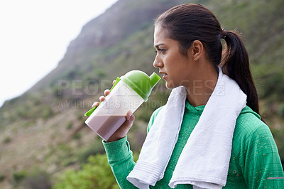 Buy stock photo Protein shake, drink and woman exercise outdoor with bottle for health, wellness and energy benefits. Nature, park and person with smoothie in container for nutrition in diet after hiking or workout