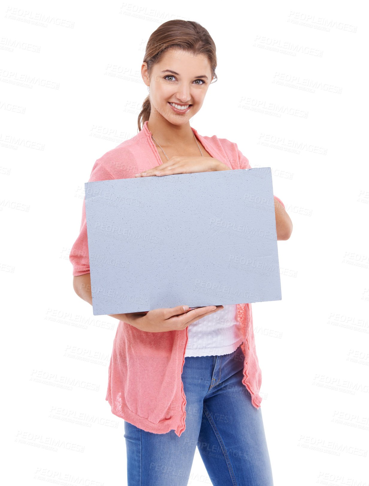 Buy stock photo Portrait, woman and mockup of poster, presentation and advertising board, broadcast deal and commercial in studio on white background. Happy model, paper sign or feedback to launch promotion about us