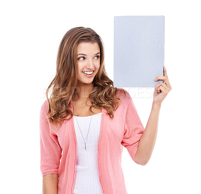 Buy stock photo Woman, blank board and smile for mockup space in studio, paper and bulletin for announcement. Happy female person, poster and placard for promotion and advertisement, news and white background