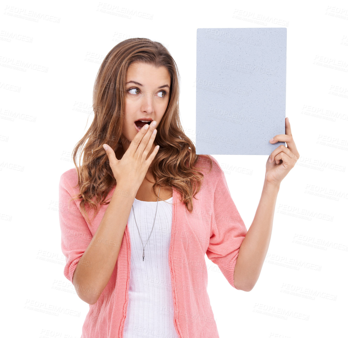 Buy stock photo Woman, blank poster and shock for mockup space in studio, paper and bulletin for announcement. Surprised female person, board and placard for promotion and advertisement, news and white background