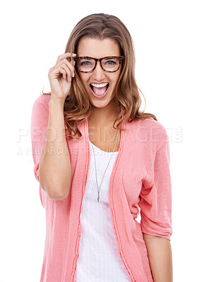 Buy stock photo Portrait of an attractive young woman wearing glasses
