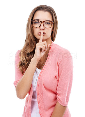 Buy stock photo Portrait, secret and woman with finger on the lips, news and model isolated on white studio background. Face, person and girl with noise control, privacy and shush emoji with whisper and hand gesture
