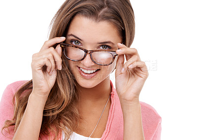 Buy stock photo Woman, portrait and insurance for glasses in studio, eyecare and prescription on white background. Happy female person, ophthalmology and spectacles for eyesight, frame and optic lenses for support