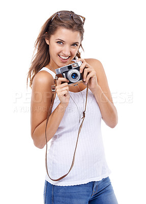 Buy stock photo Photography, happy woman and portrait with retro camera in studio for photoshoot, content creation or paparazzi magazine on white background. Journalist, photographer and lens for artistic production