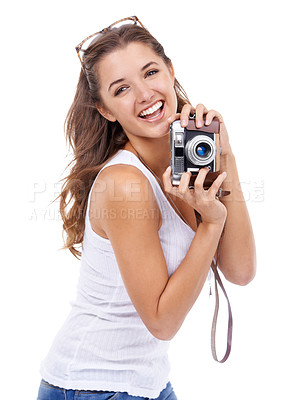 Buy stock photo Photography woman or smile with retro camera in studio for photoshoot, content creation or media on white background. Portrait, excited journalist or photographer for paparazzi magazine, blog and art