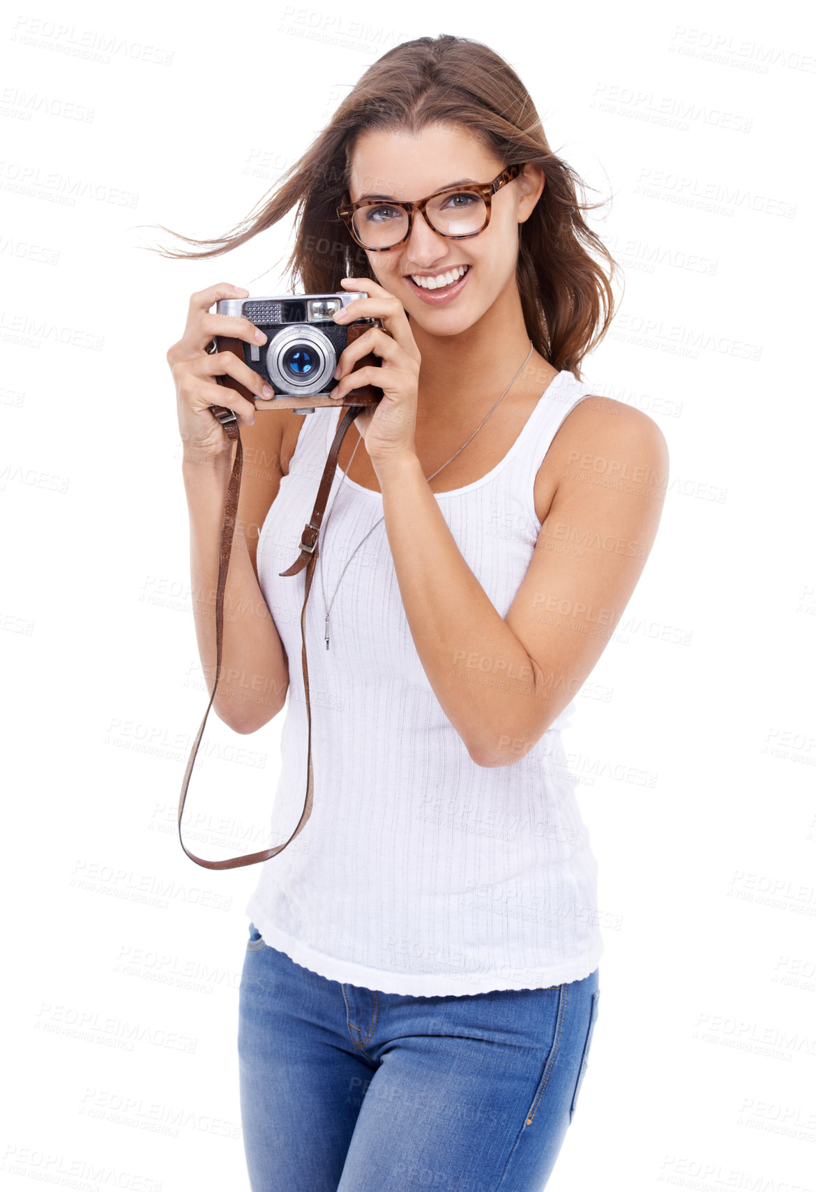 Buy stock photo Photographer, portrait or happy woman with retro camera for photoshoot, art blog or creative production in studio on white background. Journalist, photography or content creator of paparazzi magazine