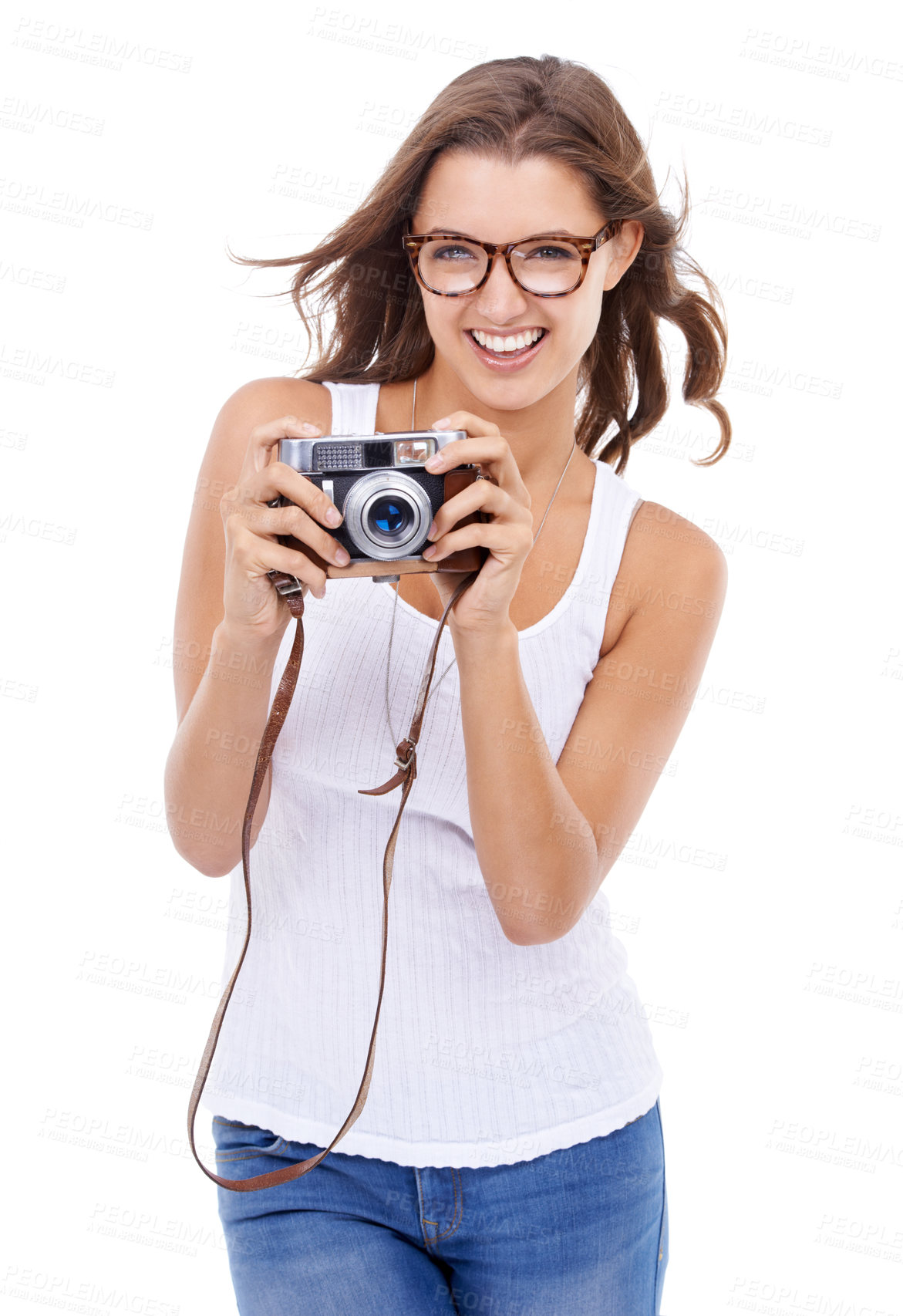 Buy stock photo Photographer, happy woman or retro camera in studio for creative photoshoot, art blog or media production on white background. Excited journalist, photography or content creator of paparazzi magazine