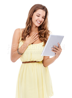 Buy stock photo Young, happy and woman with tablet in studio, digital network and networking with technology on social media. Person, smile and online subscription for streaming  and connected by white background