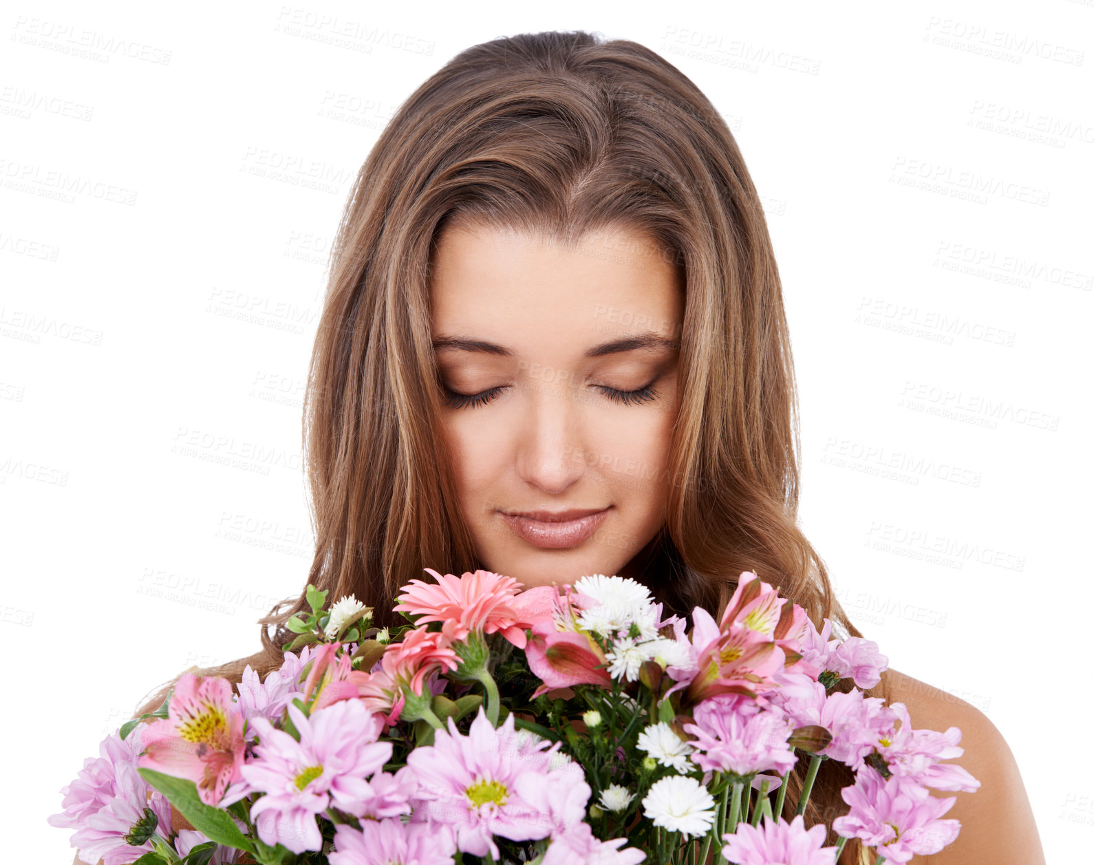 Buy stock photo Spring flowers, woman and smell for bouquet in studio, romantic and floral gift of valentines day. Young model, relax or eyes closed of scent on natural plants or birthday present by white background