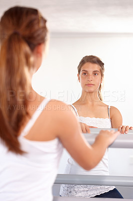 Buy stock photo Girl, dancer and teenager in mirror with ballet for rehearsal, practice or performance at art academy or studio. Creative, artist or student in class for exercise, training or workout with reflection