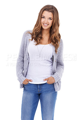 Buy stock photo Fashion, confident and portrait of woman on a white background with style, cool clothes and outfit. Attractive, happy and face of isolated person with positive attitude, pride and beautiful in studio
