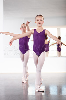 Buy stock photo Ballet, students and portrait of dancing in class for education, training and practice in studio. Performance, art and children moving with skill in exercise and start lesson with stretching position