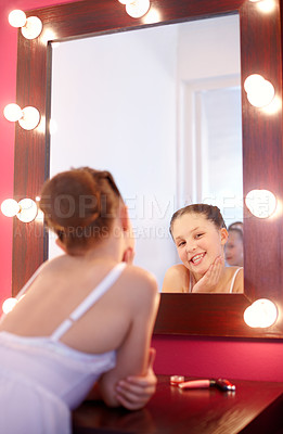 Buy stock photo Girl, dancer and portrait in mirror with ballet for rehearsal, practice or getting ready at art academy or studio. Creative, artist or happy in class for exercise, training or workout with reflection