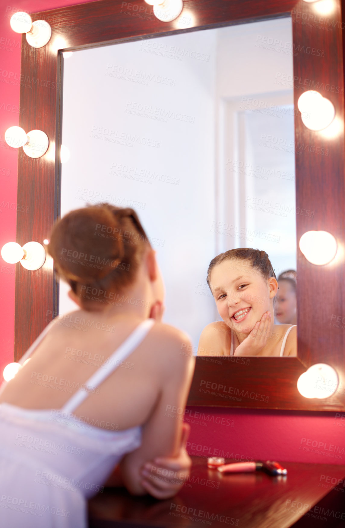 Buy stock photo Girl, dancer and portrait in mirror with ballet for rehearsal, practice or getting ready at art academy or studio. Creative, artist or happy in class for exercise, training or workout with reflection