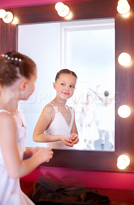 Buy stock photo Girl, dancer and face in mirror with ballet for rehearsal, practice or getting ready at art academy or studio. Creative, artist or makeup in class for cosmetics, training or workout with reflection