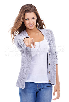 Buy stock photo Portrait, woman and pointing to you in studio for choice, vote for winner and decision to volunteer on white background. Happy model, recruitment and hiring emoji for attention, invitation or join us
