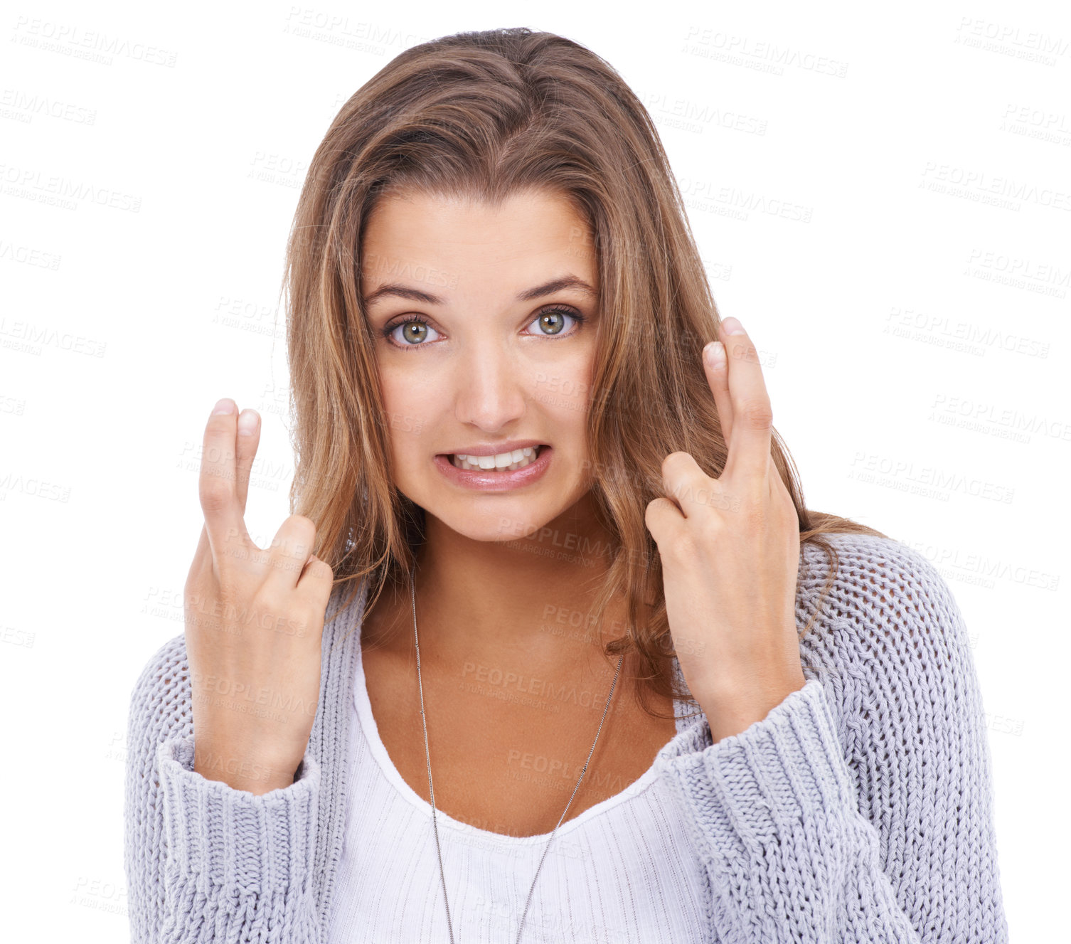 Buy stock photo Nervous woman, portrait and hope with fingers crossed in studio for lucky news, feedback and waiting on white background. Model, worry and hand sign for wish, emoji and praying for lottery results 