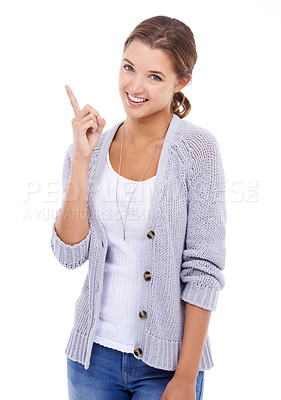 Buy stock photo Portrait, fashion and woman with hand pointing in studio for discount, sale or offer on white background. Announcement, face and female model show deal, giveaway or shopping, promotion or information