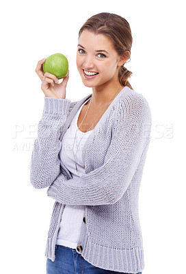 Buy stock photo Woman, portrait and apple for nutrition in studio, organic fiber and fruit for wellness. Female person, vitamins and minerals for healthy living, snack and vegan food on white background for diet