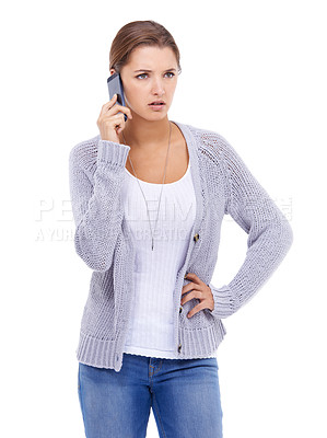 Buy stock photo Annoyed, phone call and woman in studio frustrated with network problem, delay or scam on white background. Smartphone, crisis and female model angry with conversation, phishing or conflict drama