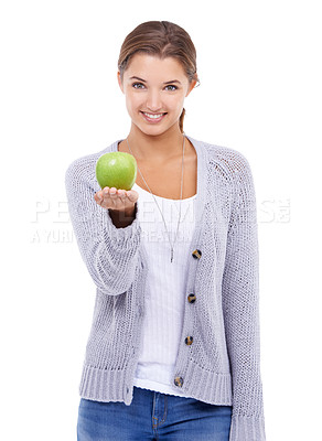 Buy stock photo Woman, portrait and apple, nutrition and health with snack or meal, happy with diet for weight loss on white background. Healthy food, wellness and green fruit, vegan and organic with smile in studio