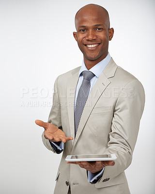 Buy stock photo Portrait, entrepreneur or black man with tablet, presentation or model isolated on white studio background. Face, African person or worker with tech, promotion or digital app with opportunity or idea