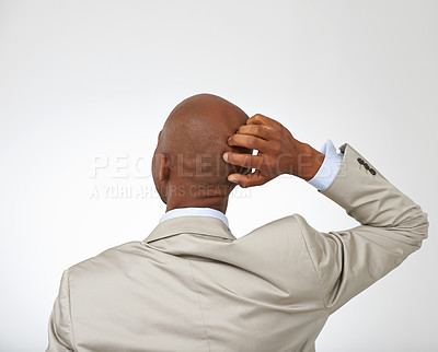Buy stock photo Person, business and head scratch question or back view corporate decision, problem solving or white background. Employee, thought and professional confused or doubt brainstorming, studio or mockup