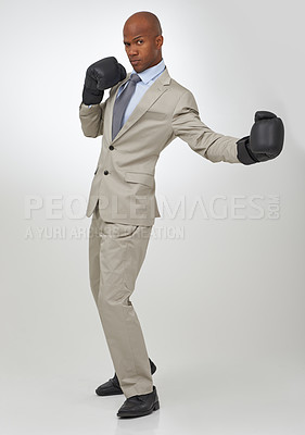 Buy stock photo Boxing, gloves and portrait of professional black man, fighter or attorney battle for justice, government law or legal work. Boxer, studio and advocate for constitution defence on white background