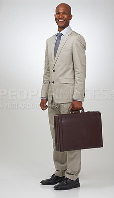Buy stock photo Businessman, portrait and briefcase in studio confidence as professional law attorney for corporate, career or white background. Male person, bag and client trust or working, employee or mockup space