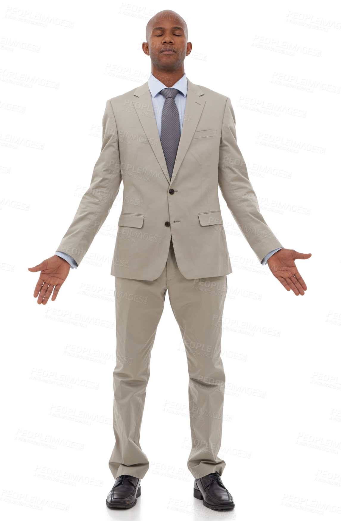Buy stock photo Business, meditation or black man with eyes closed, peaceful or employee isolated on white studio background. African person, worker or accountant with routine, calm or stress relief with yoga or zen
