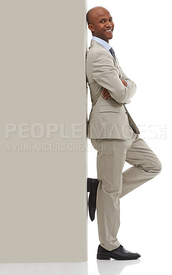 Buy stock photo Happy businessman, portrait and leaning on wall with arm crossed in confidence on a white studio background. Young black man or professional employee smile in business fashion or suit on mockup space