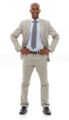 Buy stock photo Businessman, portrait and smile confidence in studio as professional law attorney, opportunity or white background. Black person, hands on hips and model face for pride, corporate or mockup space