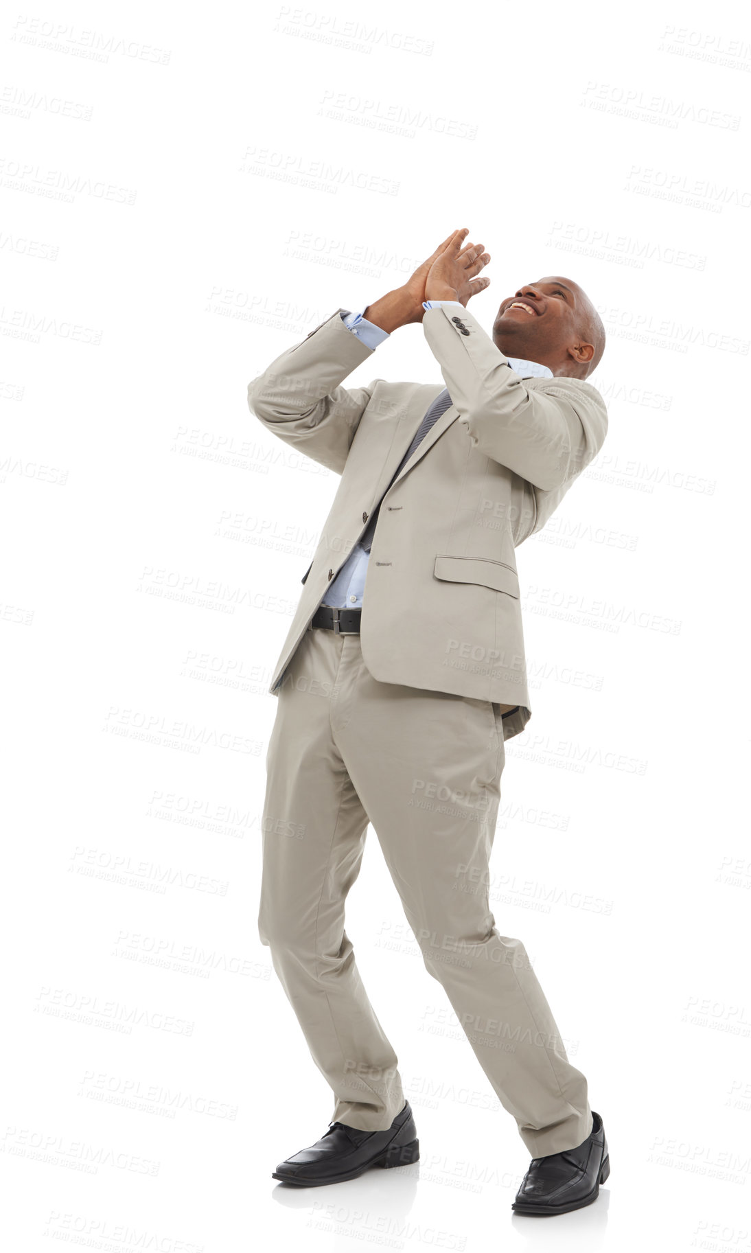 Buy stock photo Business, entrepreneur or black man with celebration, winning or worker isolated on white studio background. African person, model or employee with achievement, success or bonus with victory or deal
