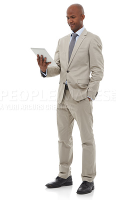 Buy stock photo Internet, business and black man with a tablet, connection and employee isolated on white studio background. Network, African person and model with technology, website information and digital app