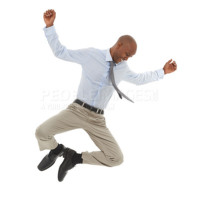 Buy stock photo Happy black man, jump and joy for business, success or celebration on a white studio background. Excited young African male person leaping with smile in fashion or formal clothing on mockup space