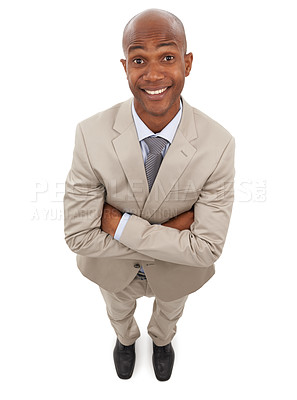 Buy stock photo Professional portrait, arms crossed and happy black man confident in business suit, career vocation or job experience. Corporate style, studio and top view of African sales agent on white background