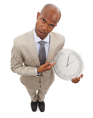 Buy stock photo Businessman, portrait and clock for corporate professional lawyer for work deadline, hurry or time management. Black person, face and white background in studio for company efficient, hour or mockup