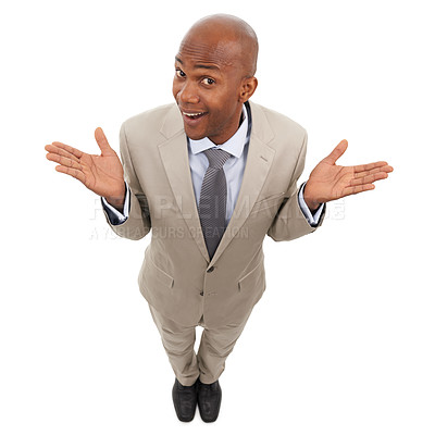 Buy stock photo Professional portrait, studio and black man confused on business choice, company questions or corporate decision. Body language, dont know gesture and top view of agent shrug on white background