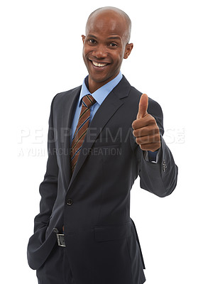 Buy stock photo Happy businessman, portrait and thumbs up for good job, success or thank you on a white studio background. Face of black man or employee smile with like emoji, yes sign or OK for business agreement