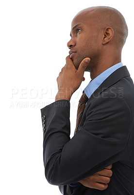 Buy stock photo Business, black man and thinking at space in studio of decision, future ideas and why on white background. Profile, curious worker or daydream of choice, solution or brainstorming questions at mockup