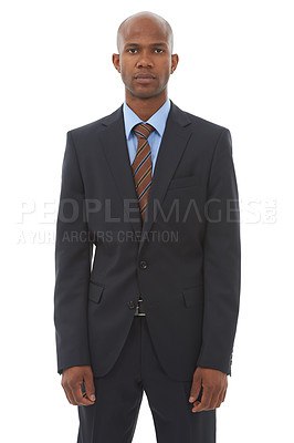 Buy stock photo Corporate, portrait and black man in a suit for business with confidence and pride in white background of studio. Serious, businessman and professional entrepreneur with formal fashion for work