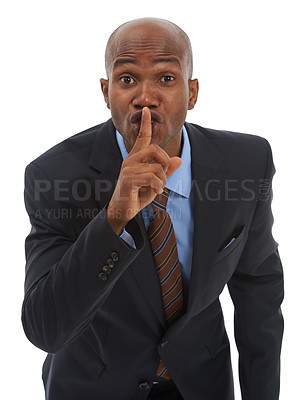 Buy stock photo Businessman, portrait and hand for secret, gossip or confidential information on a white studio background. Face of black man or employee with finger on lips in silence, whisper or quiet gesture