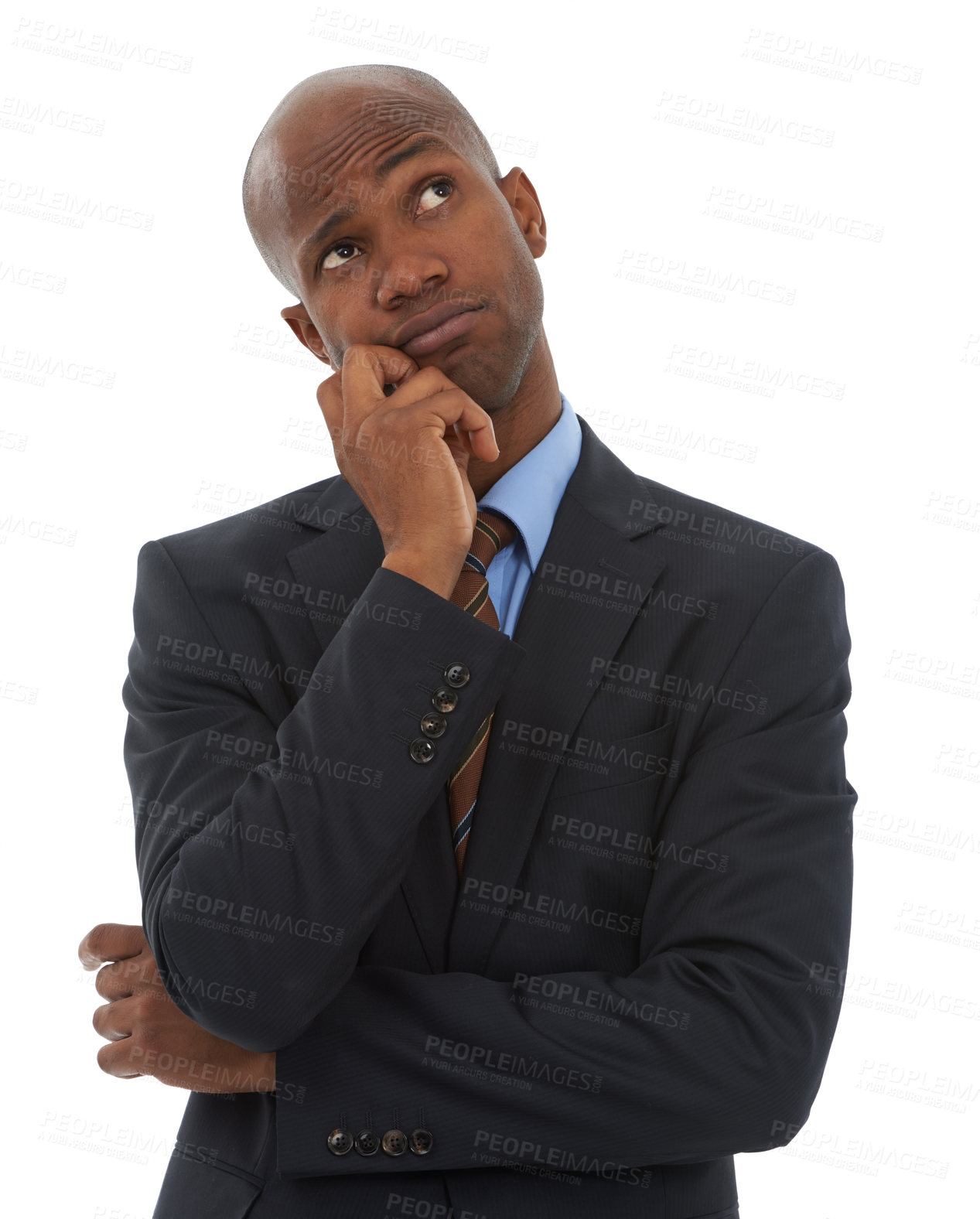 Buy stock photo Business, confused black man and thinking in studio of ideas, future decision and remember why on white background. Curious employee daydream of choice, planning solution and brainstorming questions 