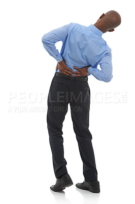 Buy stock photo Stress, studio or African businessman with back pain injury, fatigue or burnout on white background. Posture problem, tired employee or injured worker frustrated by muscle tension, spine or crisis