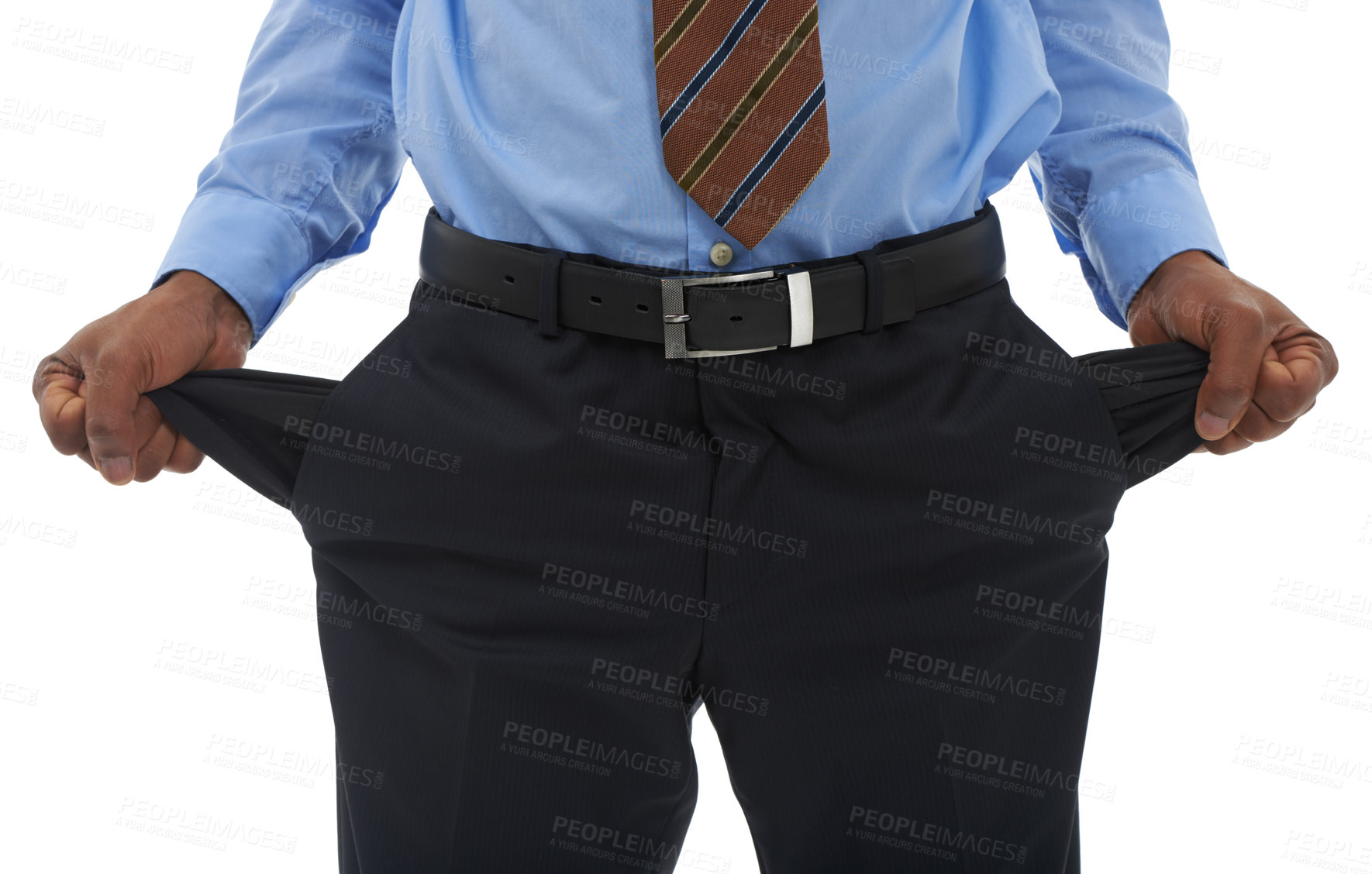 Buy stock photo Person, hands and empty pocket as business professional for no money or unemployed, debt or financial crisis. Fingers, pants and stock market crash or problem in studio, white background or mockup